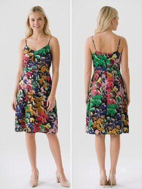 J. Crew Multicolor Floral Midi Dress with Green and Pink Accents